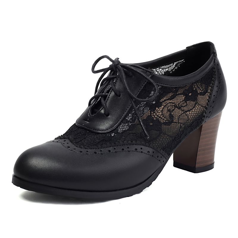 New Design Women Pumps Round Toe Block Heels 6cm Lace Up Breathable Mesh Plus Size 42 43 44 Daily Female Summer Shoes 35