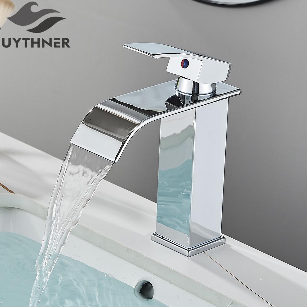 Brushed Golden Basin Faucets Elegant Waterfall Bathroom Sink Faucet Single Lever Hole Deck Mount Brass Mixer Taps