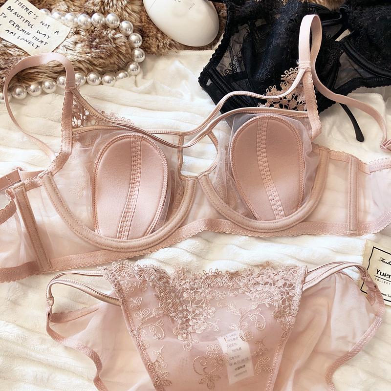 Sexy Duté Dámske Spodné Prádlo Čipkovaná Kvetinová Výšivka Francúzsky Ultra Tenký Košíček Push Up Podprsenka Set Nastaviteľné Ramienka Podprsenka Nohavičky Sety