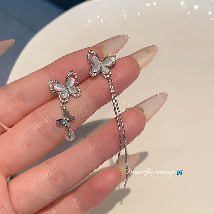Elegant Asymmetrical Opal Butterfly Tassel Earrings: Versatile High-End Studs for Women