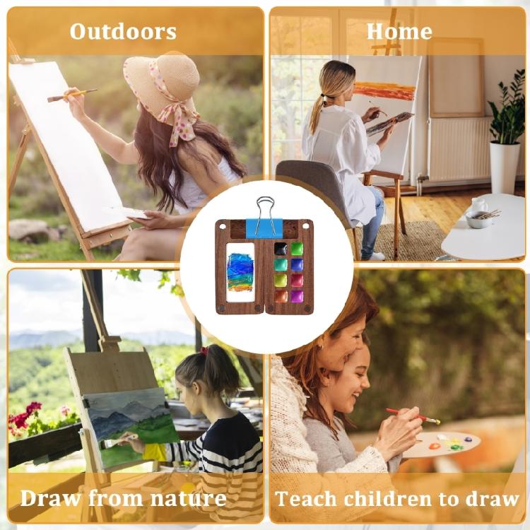Travel Portable Wood Watercolor Palettes Box with Clip, Watercolor Paper, Water Brush Pen, Gift for Painter Artist