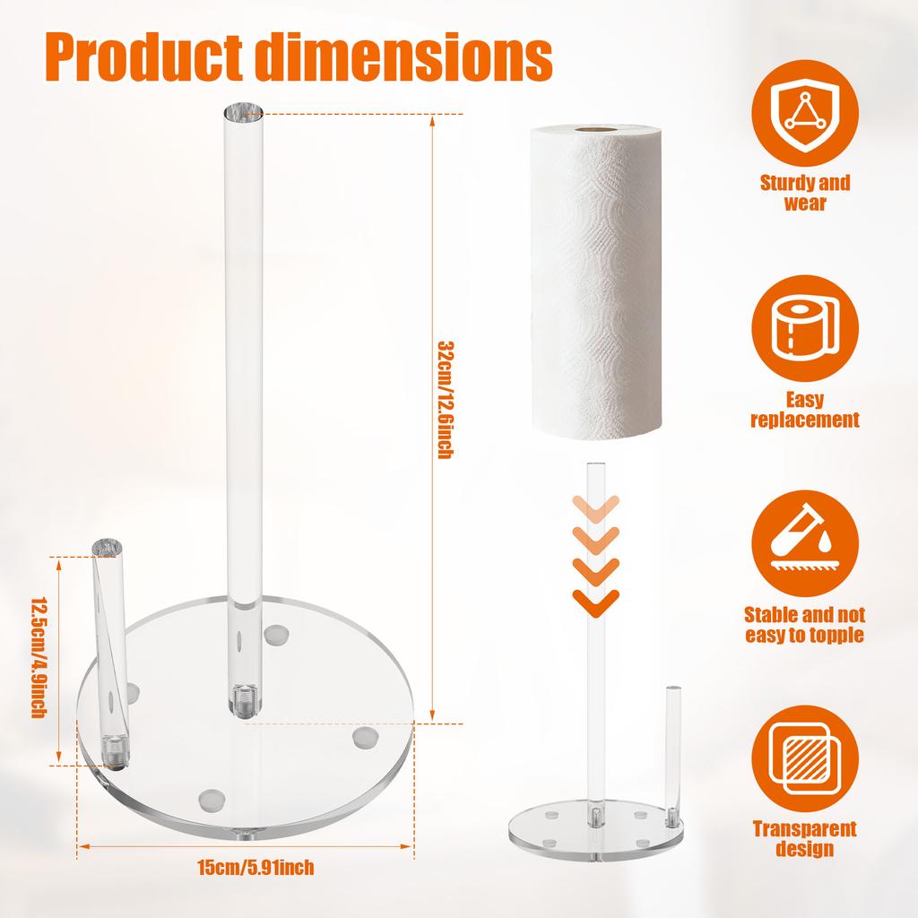 Paper Towel Holder Countertop Clear Acrylic Punch-free Weighted Base for Kitchen Bathroom Vertical Paper Roll Dispenser