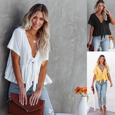Womens Summer Short Sleeve Beach Blouse Ladies  Ruffle V Neck Tops T Shirts Pullover