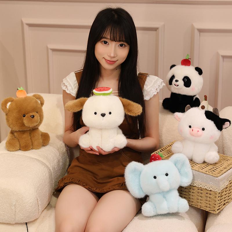 Fluffy Fruit Animal Plush Toy Soft Cartoon Elephant Bear Cattle Dog Panda Stuffed Doll Appease Pilow Birthday Gift For Kids