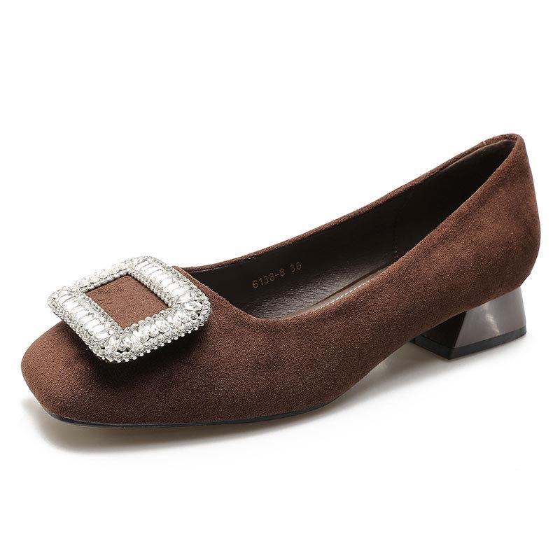 Low-heeled single shoes women's 2025 new spring and autumn women's shoes rhinestone buckle French square head shoes black thick-heeled high heels