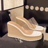 One Word with Transparent Outer High Heel Waterproof Table Thick Heel Cool Slippers 2025 New Women's Summer Outer Wear
