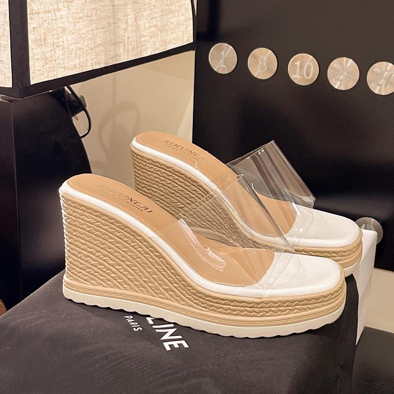 One Word with Transparent Outer High Heel Waterproof Table Thick Heel Cool Slippers 2025 New Women's Summer Outer Wear