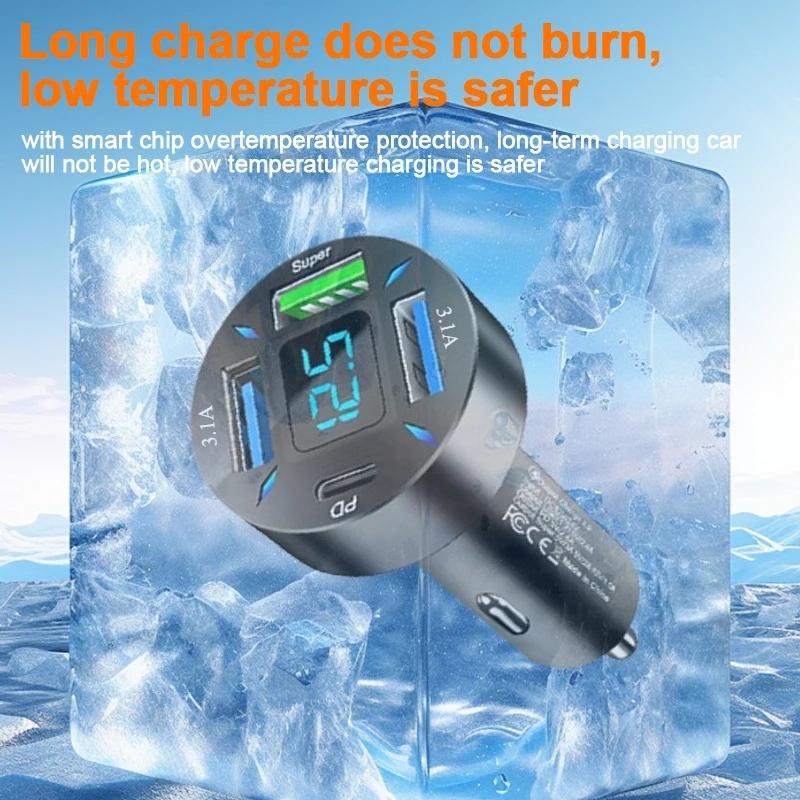 Smart 4 Port Car Charger - PD USB C Fast Charge with Digital Screen Blue Light