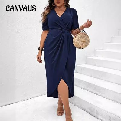 Deep V Sexy Plus Size Dresses Waisted Fashion Short Sleeve Evening Dress