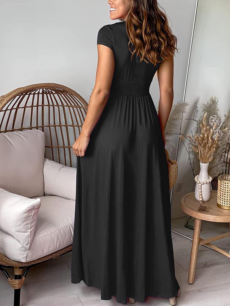 Women's V-Neck Short Sleeve High Waist Evening Gown with Ruched Slit