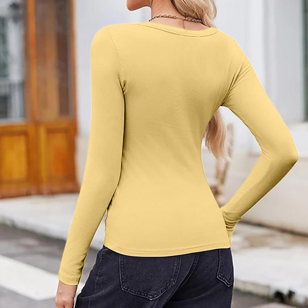 Ladies' Casual And Fashionable Solid Color Long Sleeved Base Shirt With V-shaped Collar Top