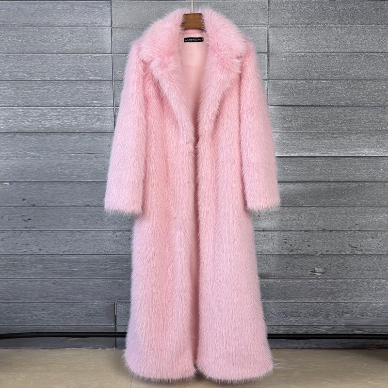 Women's Extra Long Faux Fur Coat with Suit Collar