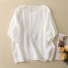 Women Feather Print Round Neck Half Sleeve Linen Cotton Blend Top
