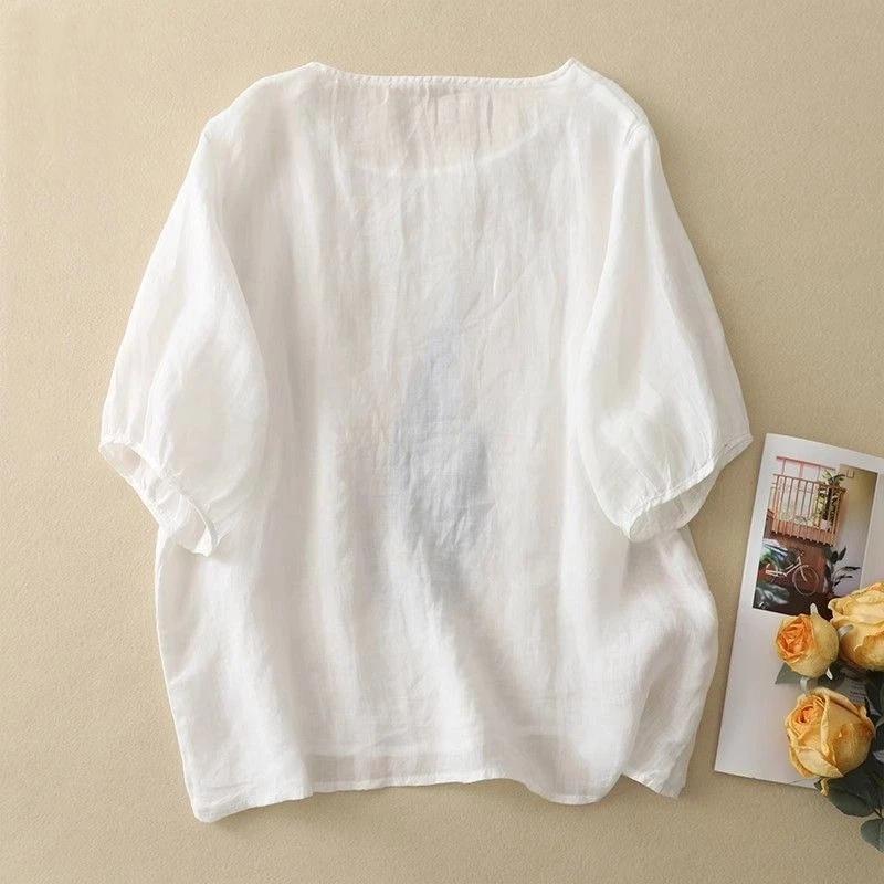 Women Feather Print Round Neck Half Sleeve Linen Cotton Blend Top