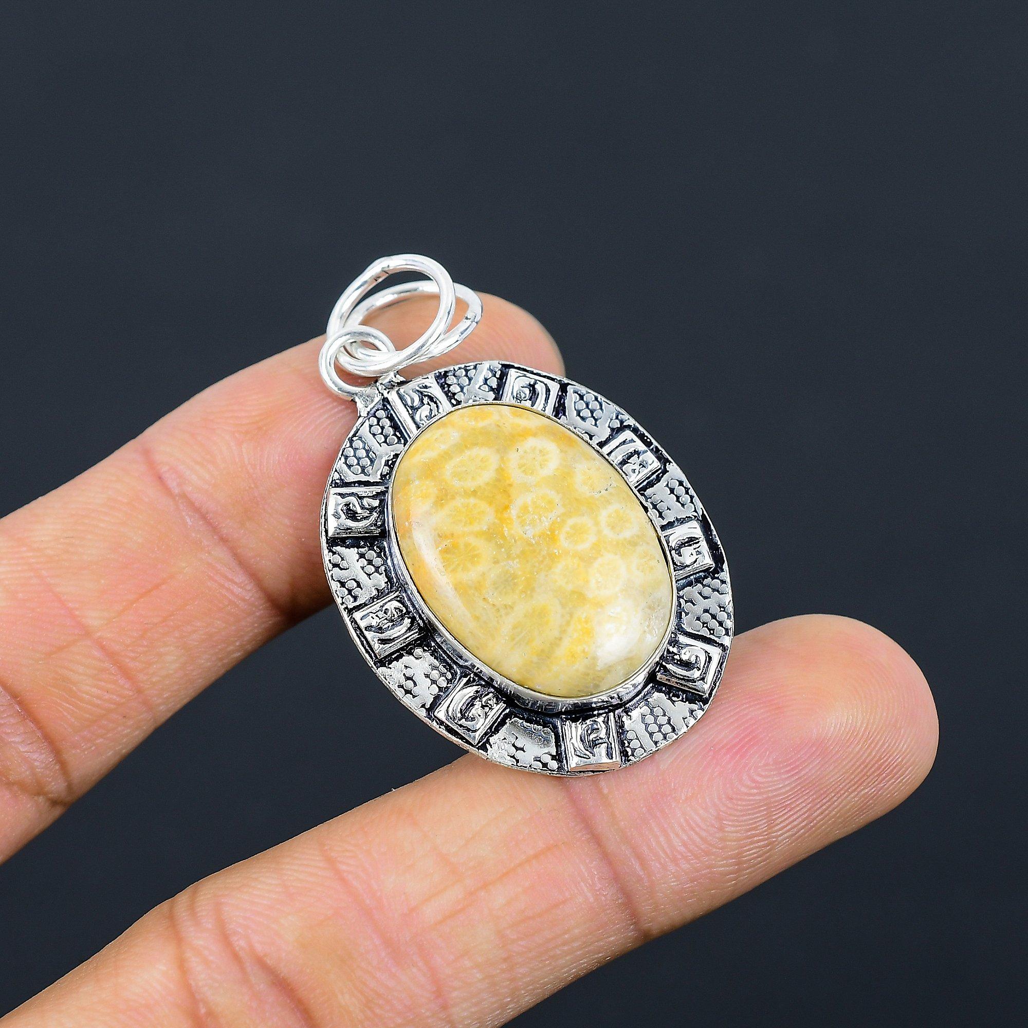 

Halloween Sale Root Chakra Fossil Coral Gemstone 925 Sterling Silver New Pendant