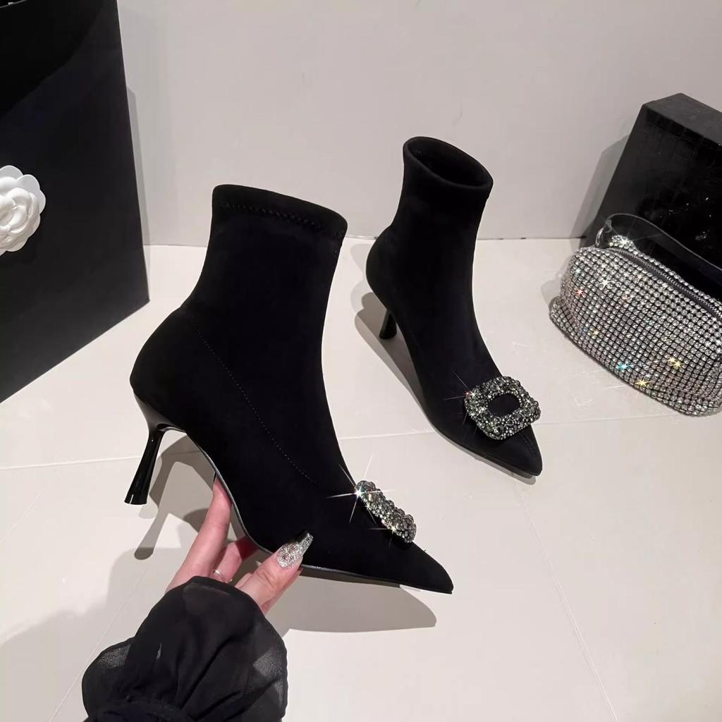 Pointed short boots women's elastic high heel temperament light luxury thin boots season thin heel black