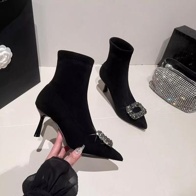 Personality Sub-season High Heel Thin Boots Black Thin Heel Pointed Elastic Short Boots Women