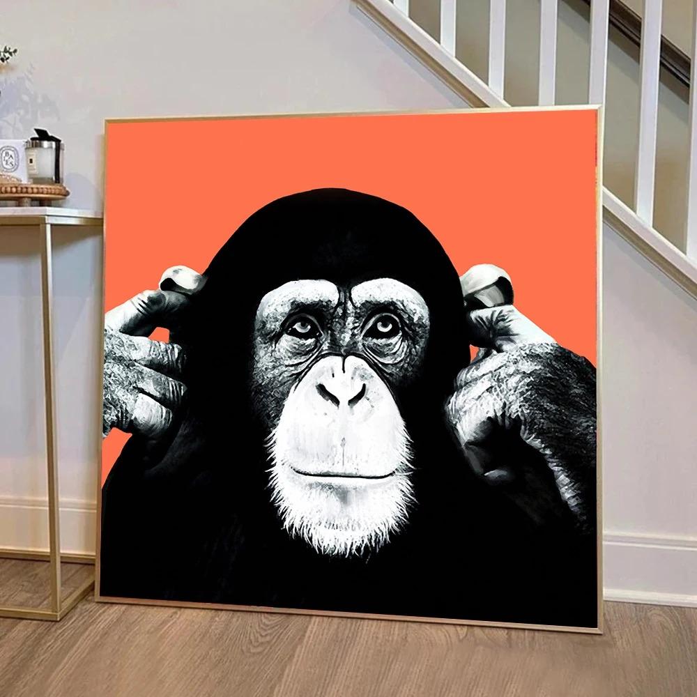 Colorful Gorilla Monkey Chimpanzee Earphones Art Canvas Wall Art Fun Animal Canvas Painting Living Room Home Decoration