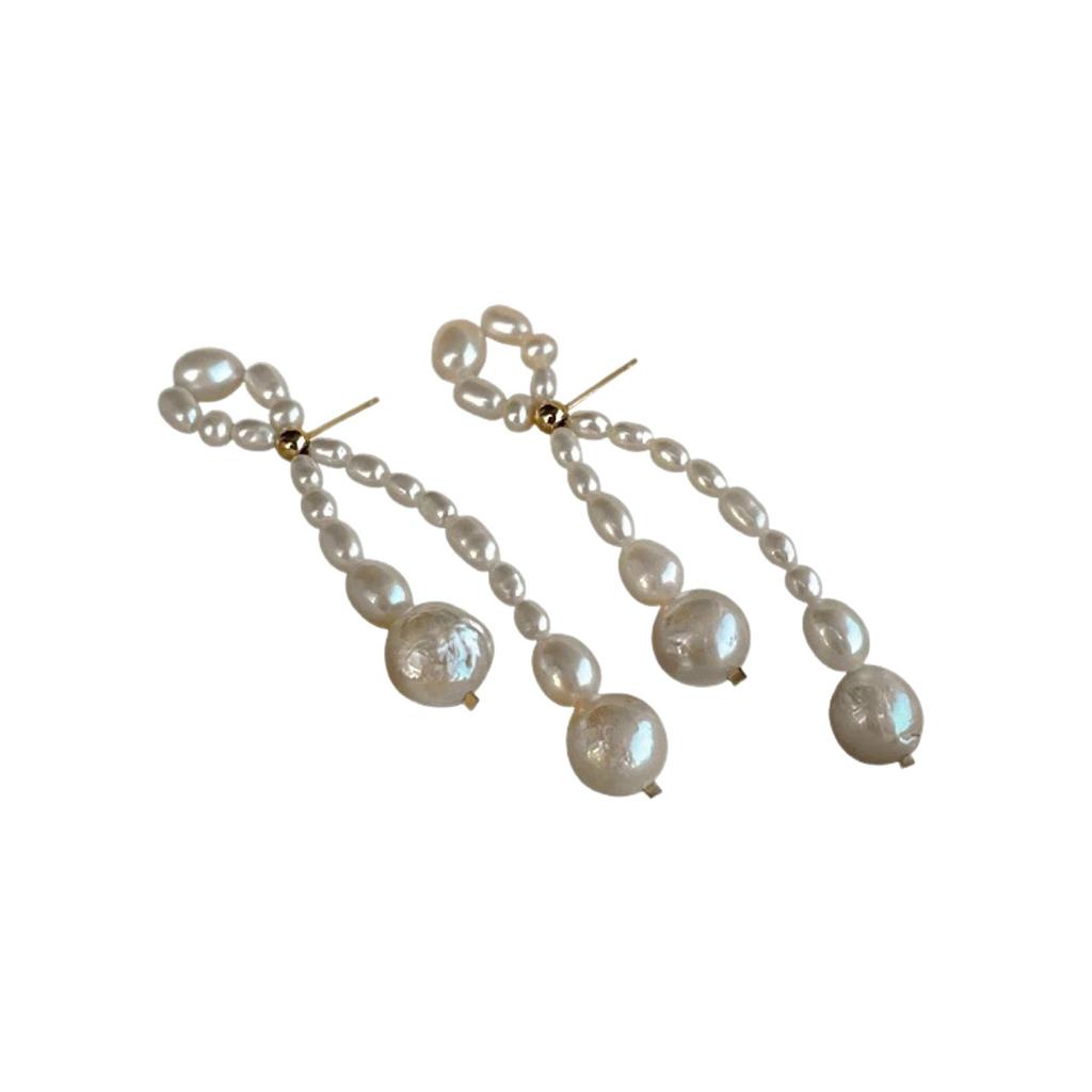 French Gentle 14k Gold Natural Baroque Pearl Earrings Niche Design Stud Earrings Silver Needle Bow