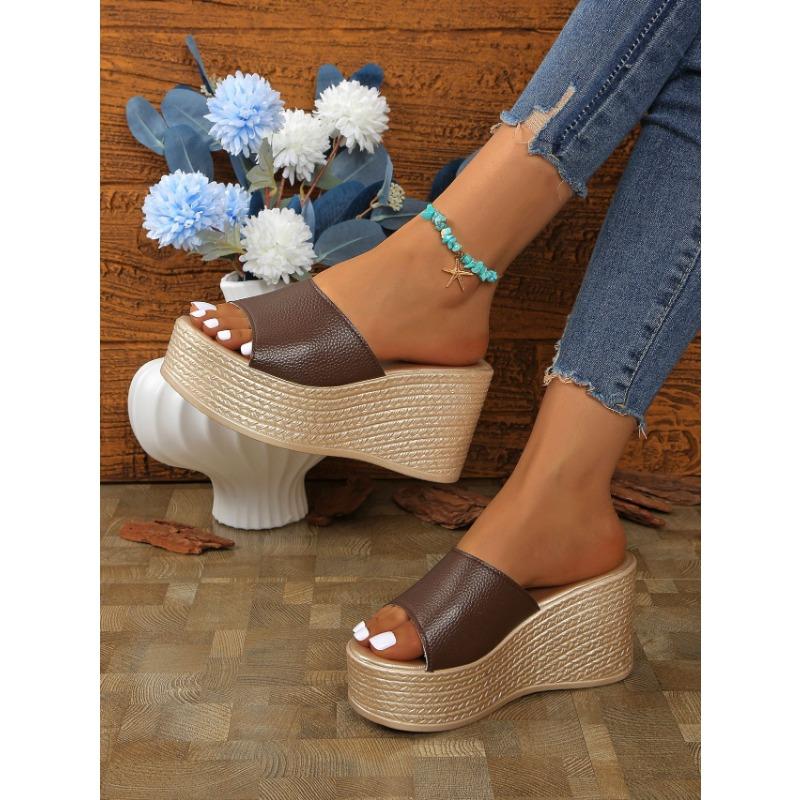 Sandalen mit Keilabsatz Hausschuhe Damen Dicke Sohle Ein Wort Schlepp Außen tragen Damen Strandschuhe