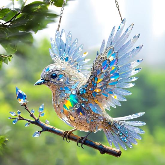 Yousheng Bluebird Hanging Decoration Stained Glass Art Bird Ornament 2D Flat Acrylic Pendant for Window Wall Home Garden Decor