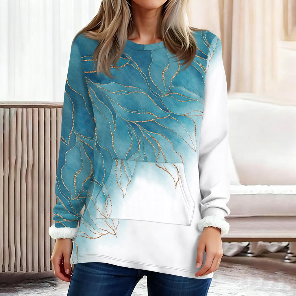 Women's Fashionable Printed Round Neck Long Sleeved Plush Warm Pullover Top