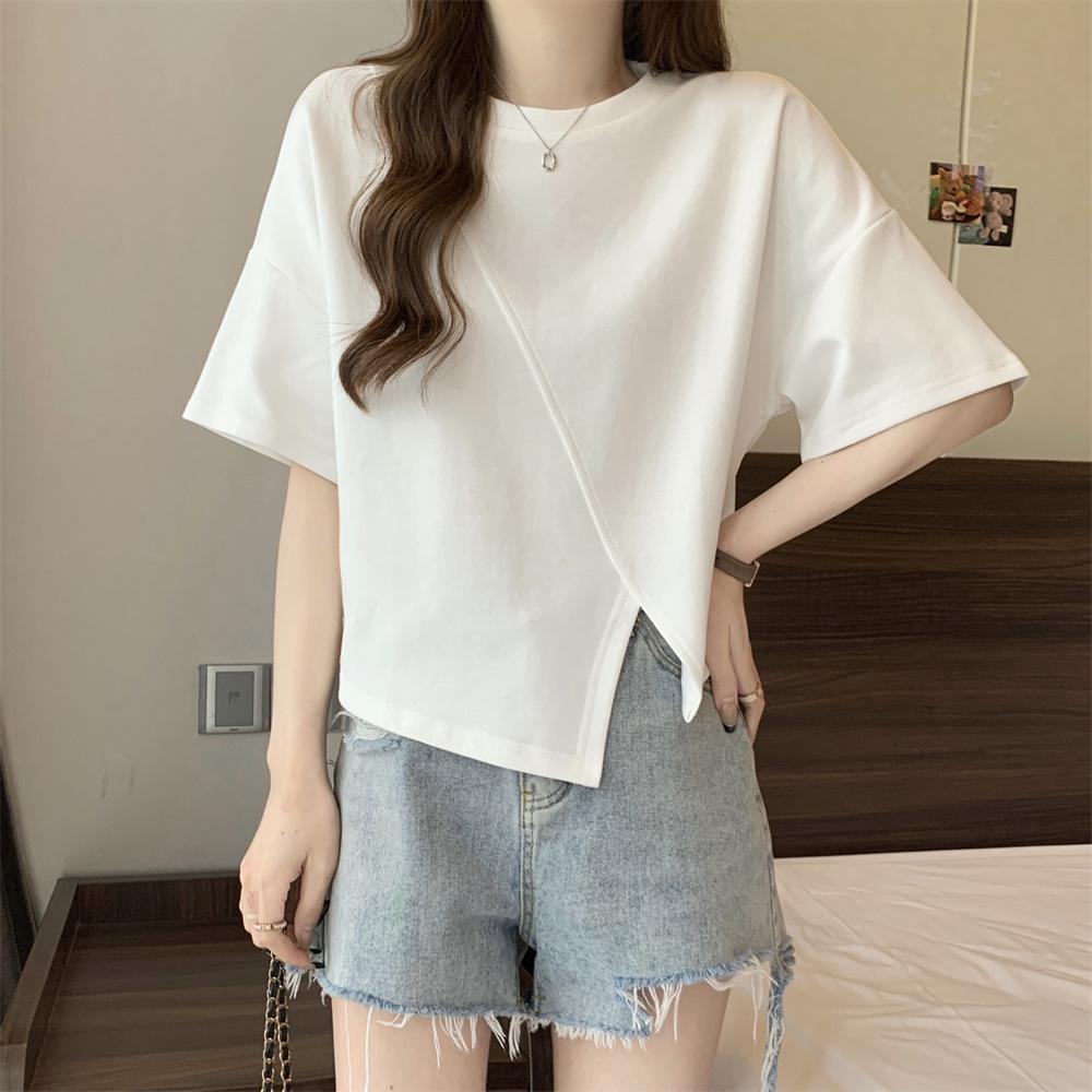 Women's Korean-Style Irregular Hem Short Sleeve T-Shirt - Trendy Summer Loose Fit Niche Design
