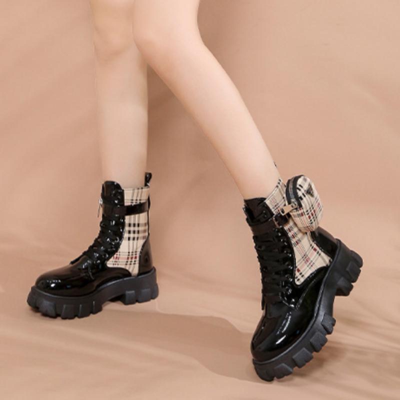 Herbstmode Stiefeletten Dicke Sohle Runde Spitze Schnalle Kleine Ledertasche Kurze Stiefel Bequeme Damen Zapatos Mujer