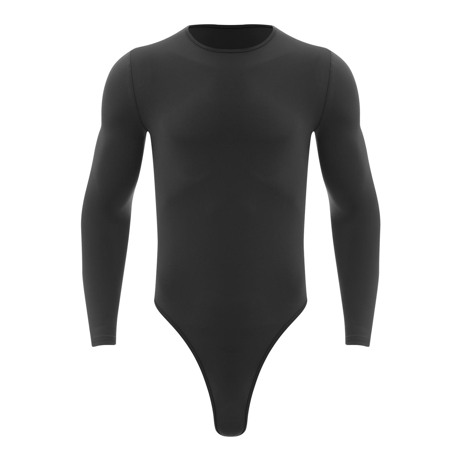 Herren Langarm Bodysuit Einteiler Trikot Runder Halsausschnitt Druckknöpfe Mode Freizeitkleidung XL schwarz