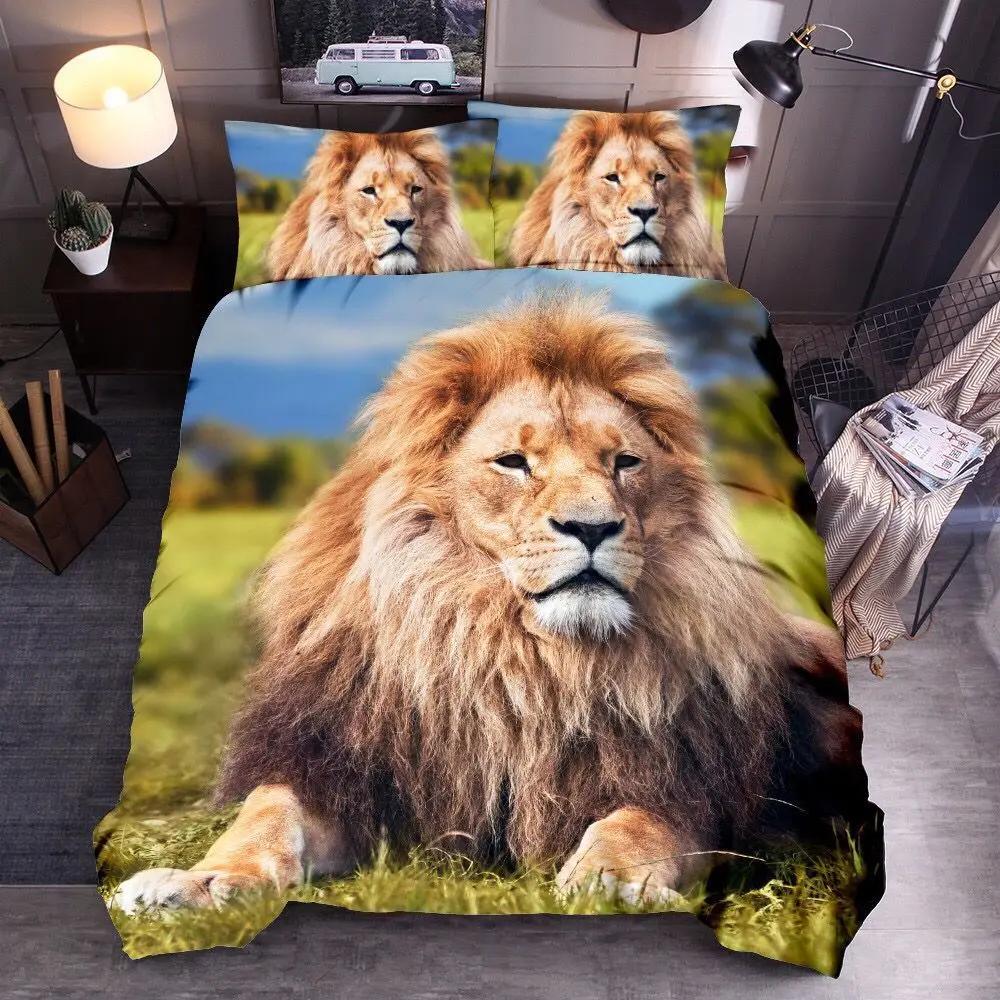 Animal Polyester Duvet Cover Set King Queen Twin Full Size Wild Animals Wolf Lion Fox Tiger 3D Print For Boys Bedding Set
