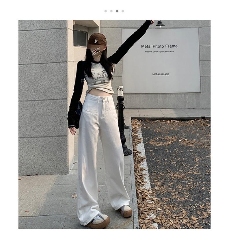 Pantaloni di Jeans Casual da Donna Bianchi a Vita Alta Larghi Gamba Dritta