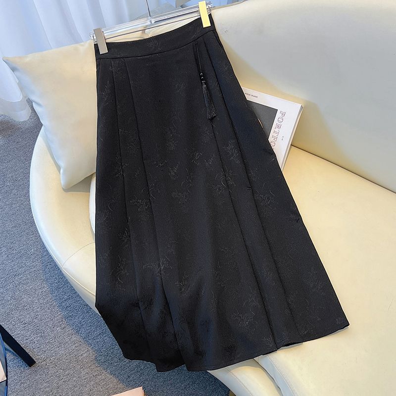 Women s High Waist Pleated Midi Skirt A-Line Flowy Chinese Style Maxi Skirt Long Skirt M