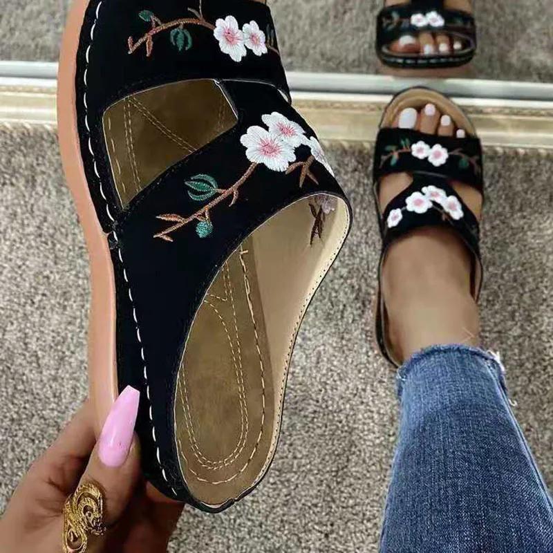 Fashion Rimocy Women's Wedges Slippers Summer 2025 Plus Size 43 Embroidery Sandals Shoes Woman Beach Casual Soft Sole Flip Flops Mujer