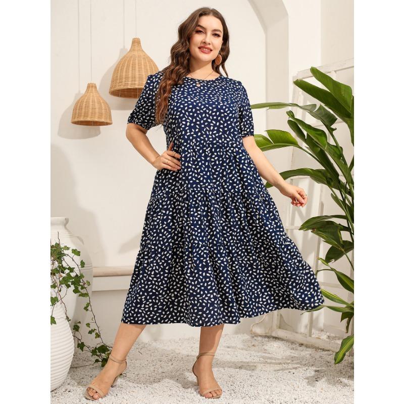 Letní dámské šaty velké velikosti nepravidelná tečka Krátký rukáv Volný kulatý výstřih Dlouhé šaty s velkým lemem