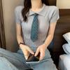 Summer Korean Style New Bow Doll Collar Knitted Short-sleeved T-shirt Women's Short Navel Top Ins Trend