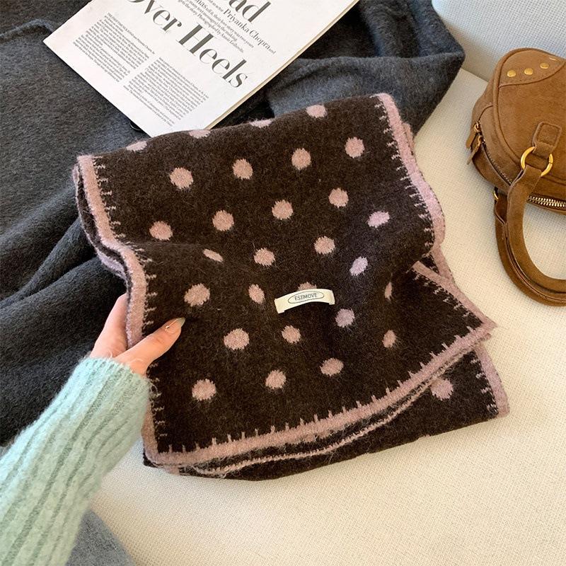 Korean Lazy Wind Polka Dot Double-sided Knitted Plush Scarf Women's Autumn and Winter Warm Versatile Thickened Neck Protection Small Scarf