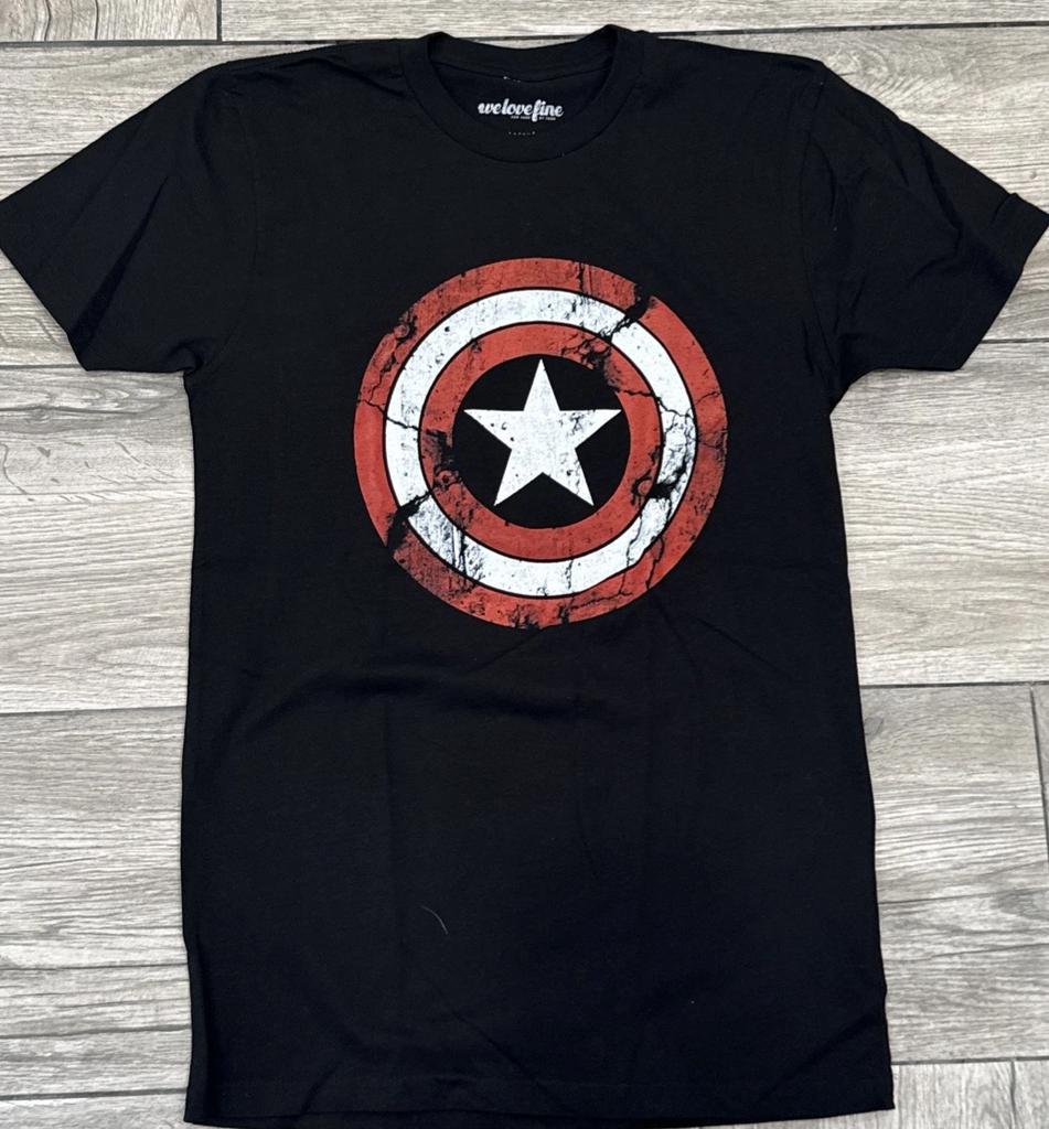 2016 Captain America Distressed Shield Logo Style Black T-Shirt Marvel Sz Small