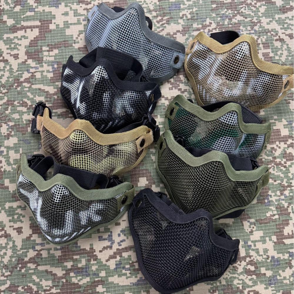 Maschera Facciale Mezza Faccia in Acciaio con Doppia Cinghia V1, Maschera Protettiva Tattica Camo per CS Airsoft Wargame Allenamento