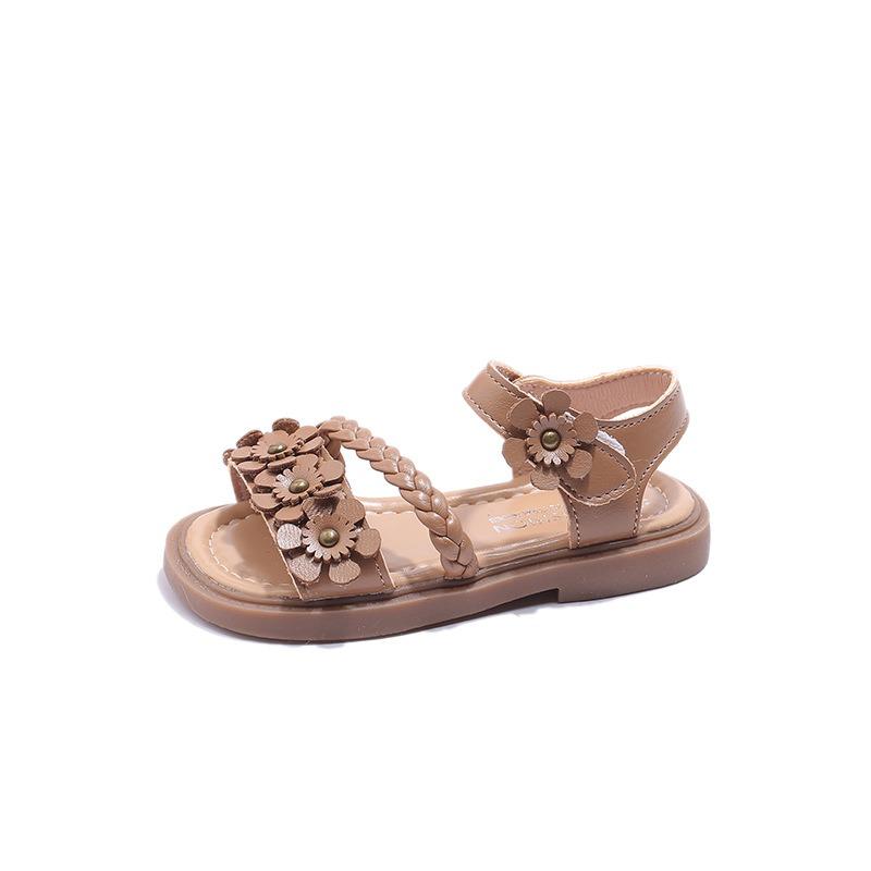 New Summer Woven Girls Sandals, Floral Princess Shoes, Soft Sole Beach Sandals for School-age Girls