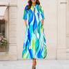 Women Plus Size Keyhole Neck 3 4 Sleeve Blue Green Abstract Print Long Maxi Dress