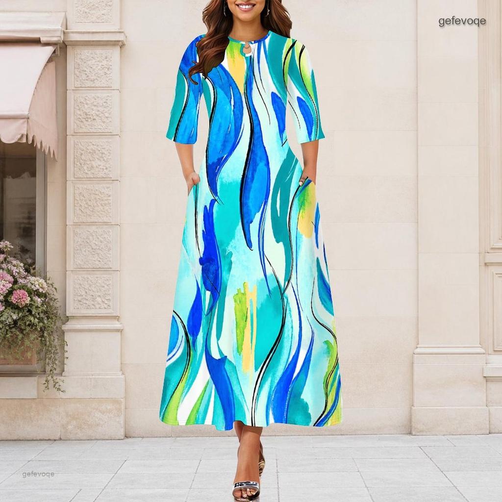 Women Plus Size Keyhole Neck 3 4 Sleeve Blue Green Abstract Print Long Maxi Dress