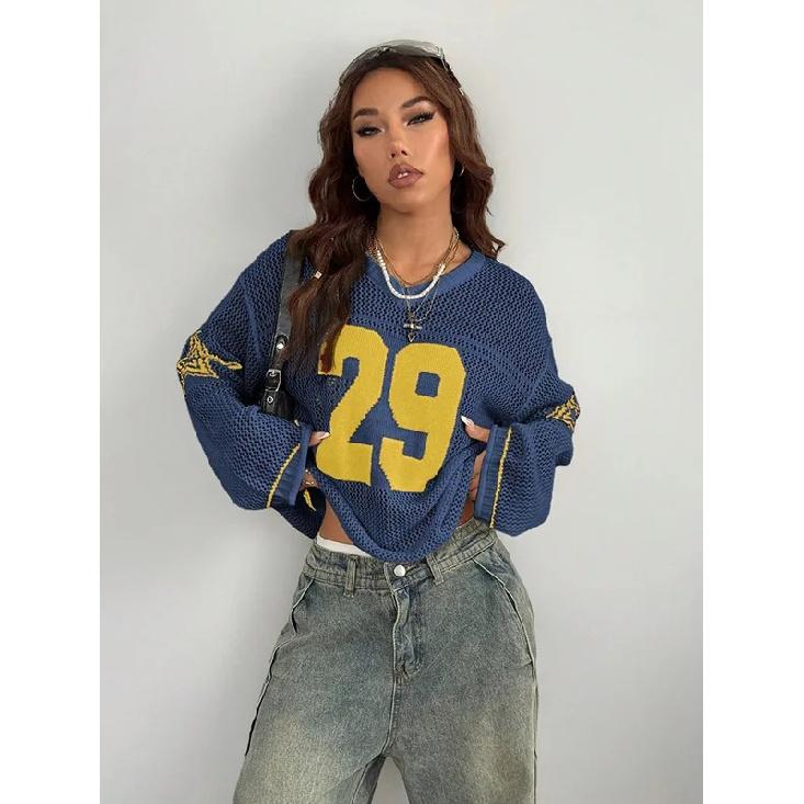 Y2K Stil Sporttrikot Damen Strickoberteile Modischer Digitaldruck Rundhalsausschnitt Langarm Pullover 2026 Sommer Street Trend