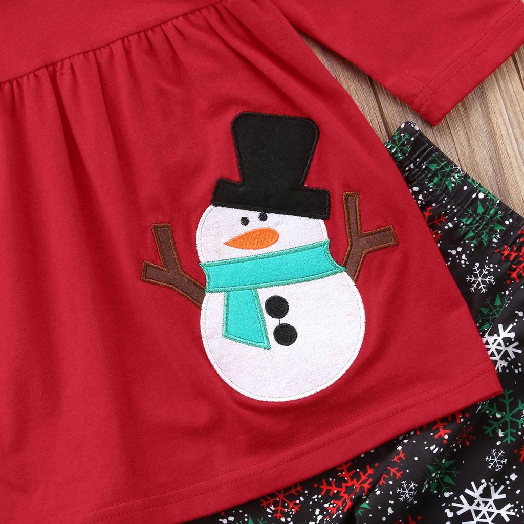European & American Christmas Girl's Snowman Embroidery Top & Printed Set