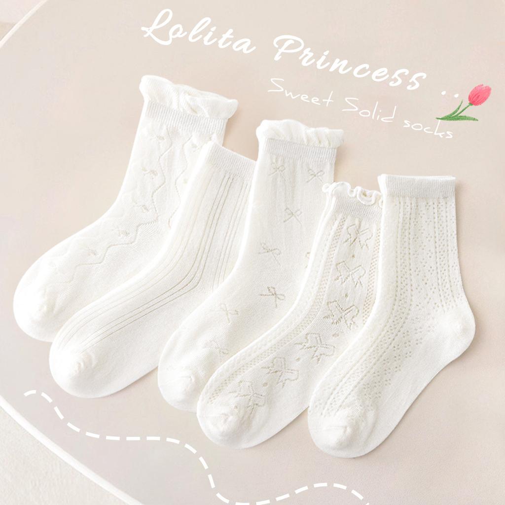 5 Pairs Girls Summer Mesh Cotton Socks Thin Breathable Crew Socks For Baby Toddler Kids Age 1-12T Solid