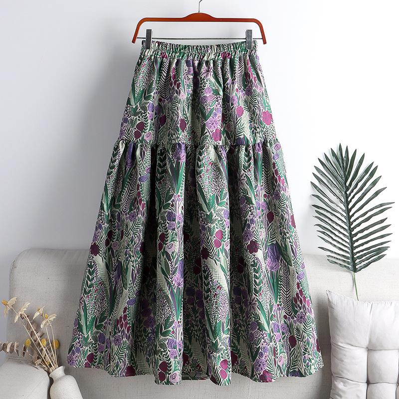 Qooth Summer Floral Skirt Calf Length Stitching Jacquard A Line Skirt Pleated Skirts QT1676
