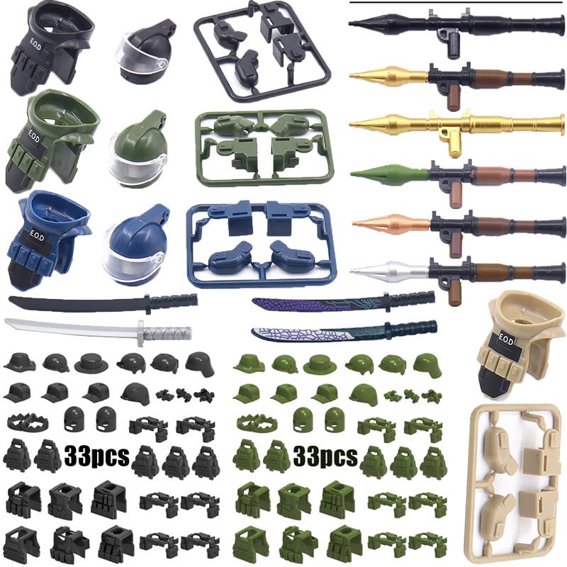 Military Building Blocks Solider Figures Weapons RPG Equipment Vest Equipment Accessories Bomb Disposal Suit Samurai Sword MOC