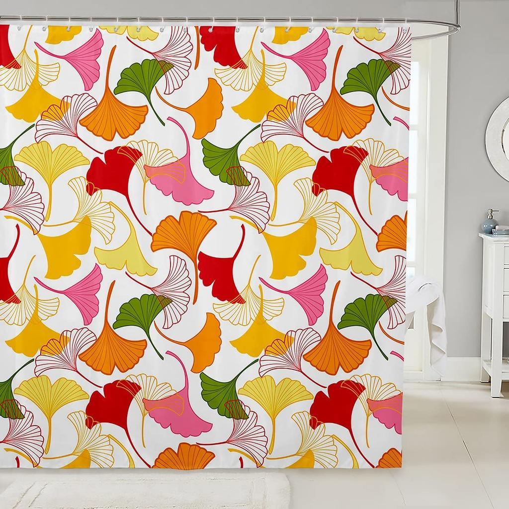 Green Ginkgo Biloba Shower Curtain Gold Ginkgo Leaves Modern Bathroom Shower Curtains Set Waterproof Botanical Bath Curtain Sets