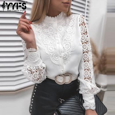 Women's Fashion Casual Summer Spring Solid Color Lace Print Long Sleeve Stand-collar Blouses & Shirts