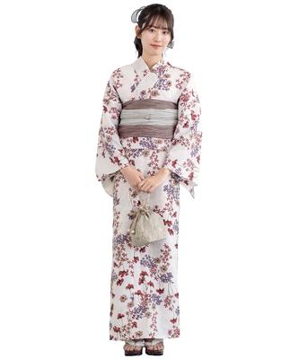SOUBIEN Floro Yukata Set Free Small Hydrangea Floral Pattern In Brown and Light Gray Women's 2-Piece (Yukata/Heko Obi), Size, (ykt10148-obs10066)