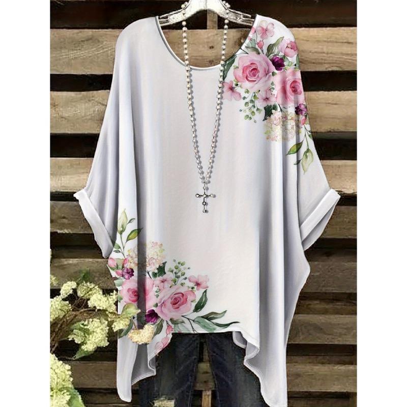 Women's T-Shirt Fashion Floral Printing Short Sleeve Tops Summer Vintage Street Round Neck